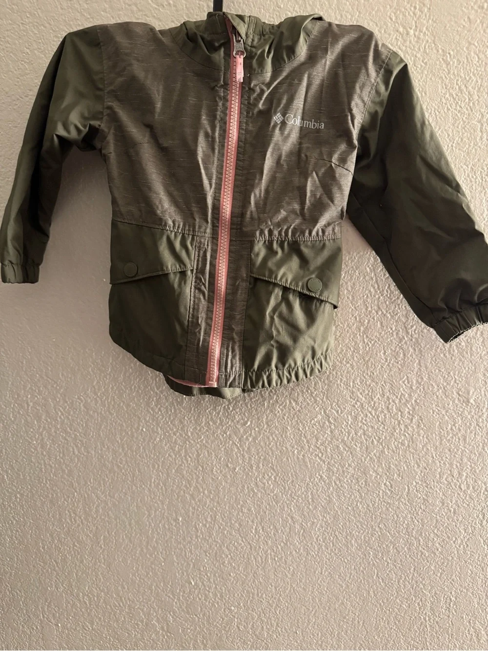 Columbia Kids Olive Green Hooded Raincoat with Pink Zipper